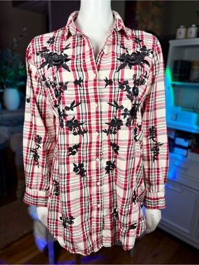 Zara Woman Cream/Red/Black Plaid Floral Embroidered Button Down Tunic Top, Sz S